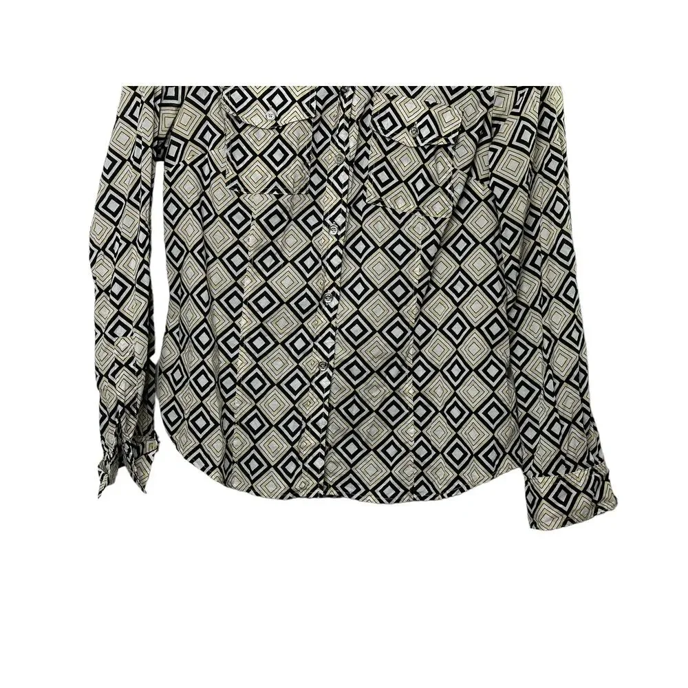 Michael Kors Black & Tan Geometric Print Retro Look Button-Up Shirt Womens Small
